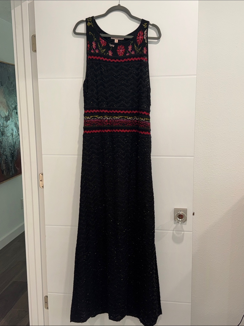 Anthropologie Black Maxi Dress with Pink & Green Embroidery